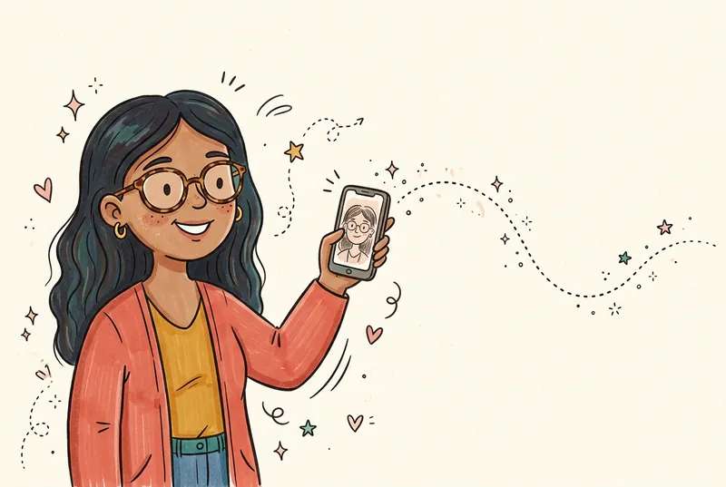 Illustration: a woman holding up her phone to send a photo