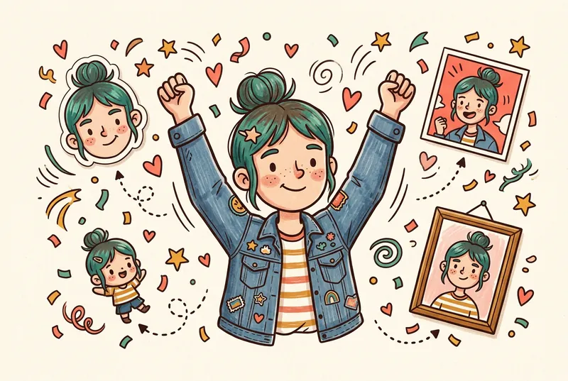 Illustration: a girl cheering, surrounded by doodles of herself