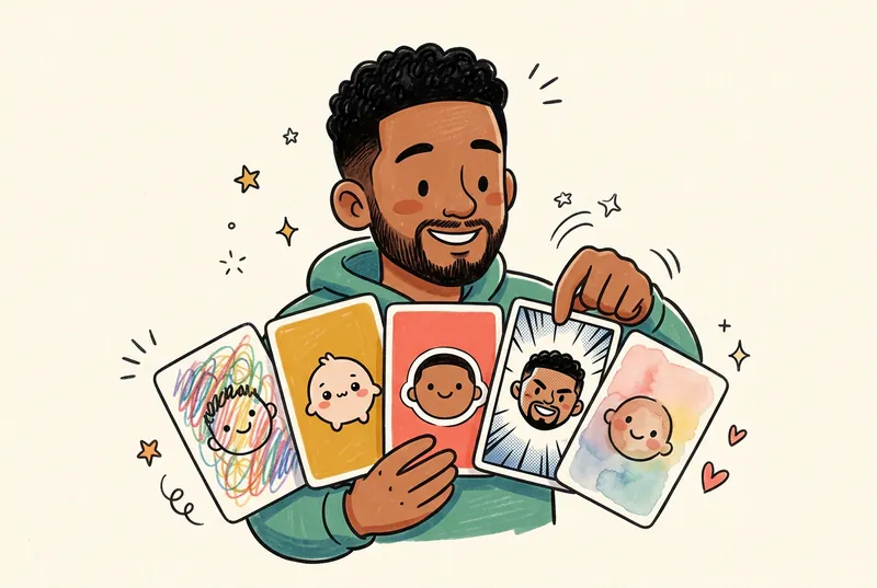 Illustration: a man choosing one card from a hand of doodle styles
